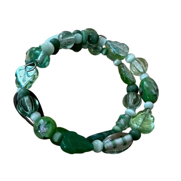 Green Glass Leaf Beads Wrap Bracelet - Picture 1 of 5